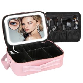 Travel Makeup Bag with LED Mirror Makeup Case Organizer with 3 Light Colors Adjustable Dividers Brush Holder Magnifying Mirror Shoulder Strap Luggage (Option: Pink)