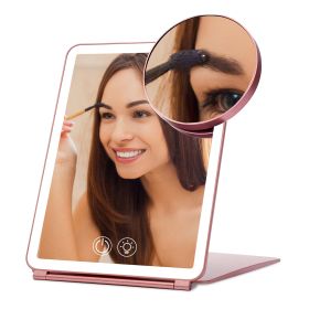Folding Travel Makeup Mirror With 10X Magnifying Mirror 3 Color LED Lights Dimmable Brightness Rechargeable Battery Tabletop Portable Cosmetic Mirror (Option: S)