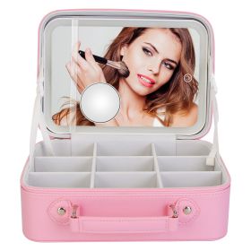 Travel Makeup Bag With 3 Light Colors Dimmable Brightness LED Mirror Detachable 10X Magnifying Mirror Adjustable Dividers Portable Waterproof Cosmetic (Option: Pink)