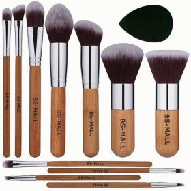 11Pcs Bamboo Makeup Brush Set, Synthetic Kabuki Makeup Brush Set With Storage Bag And Makeup Sponge, USPS Shipping (Option: 11pieces)