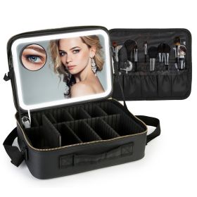 Travel Makeup Bag with LED Mirror Makeup Case Organizer with 3 Light Colors Adjustable Dividers Brush Holder Magnifying Mirror Shoulder Strap Luggage (Option: Black)
